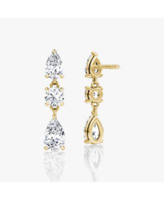  Three Stone Drop Earrings in 14K White Gold, 2.0ctw Round Brilliant & Pear Lab Grown Diamonds