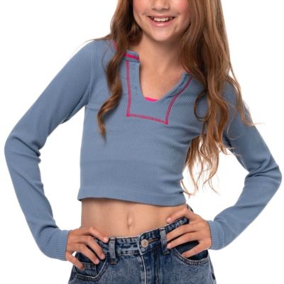  Girls' Long sleeve Ribbed Seamless Top with Contrast Stitching (8-14) - Big Kid