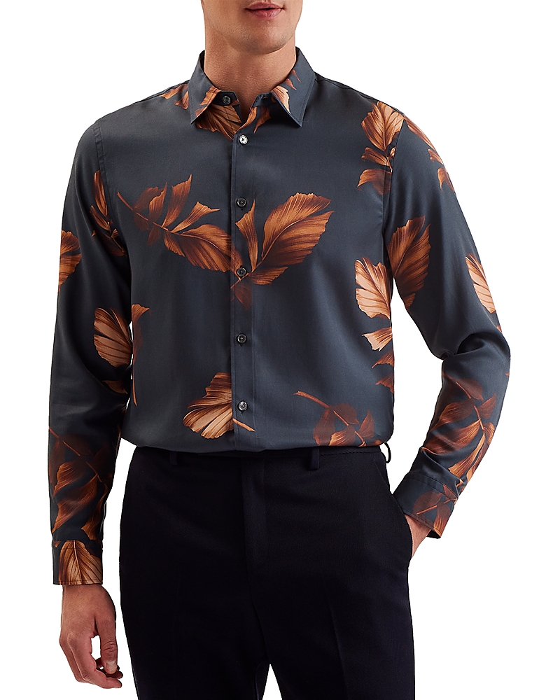 Ted Baker Coltons Leaf Print Long Sleeve Shirt In Navy