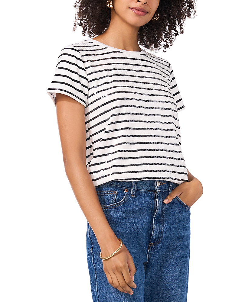 Vince Camuto Clear Sequin Stripe Cotton Blend Top In Rich Black