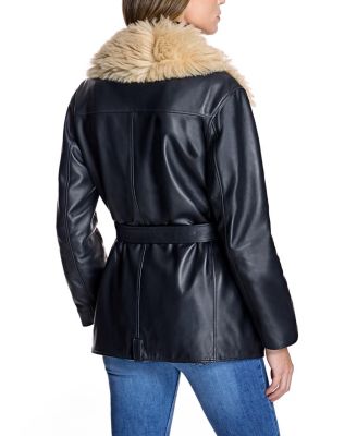 Leather Moto Jacket with Detachable Shearling Collar