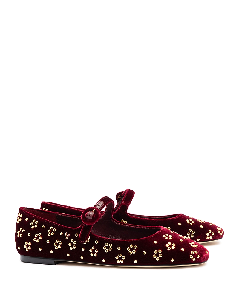 Larroude Blair Studded Velvet Mary Jane Ballerina Flats In Wine