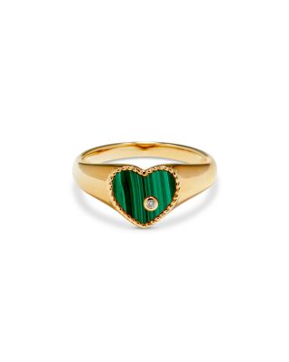 Yvonne Léon - 9K Yellow Gold Diamond & Malachite Heart Signet Ring