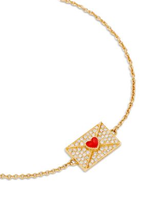 18K Yellow Gold Bracelet Ma Declaration Gray Diamond & Red Heart Envelope Charm Link Bracelet