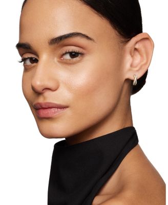 18K Yellow Gold Diamond Pav&eacute; Crossover Huggie Hoop Earrings