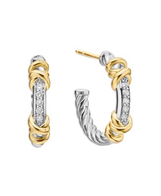 David Yurman - Petite Helena Wrap Hoop Earrings in Sterling Silver with 18K Yellow Gold and Diamonds, 0.11 tcw