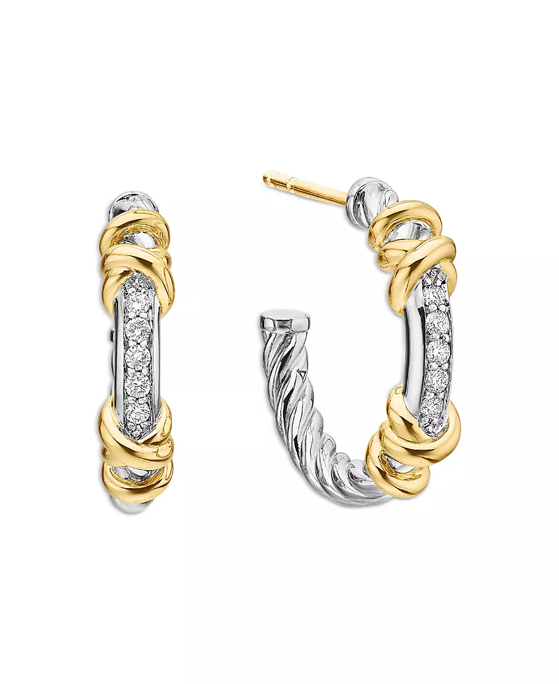 David Yurman Petite Helena Wrap Hoop Earrings in Sterling Silver with 18K Yellow Gold and Diamonds, 0.11 tcw