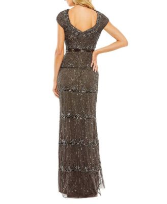  Cap Sleeve Sweetheart Neckline Beaded Sequin Column Gown