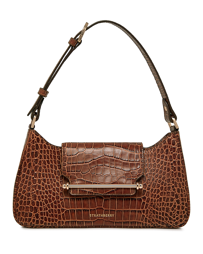 Strathberry Multrees Omni Zipped Soft Embossed Croc Shoulder Bag In Walnut/light Gold