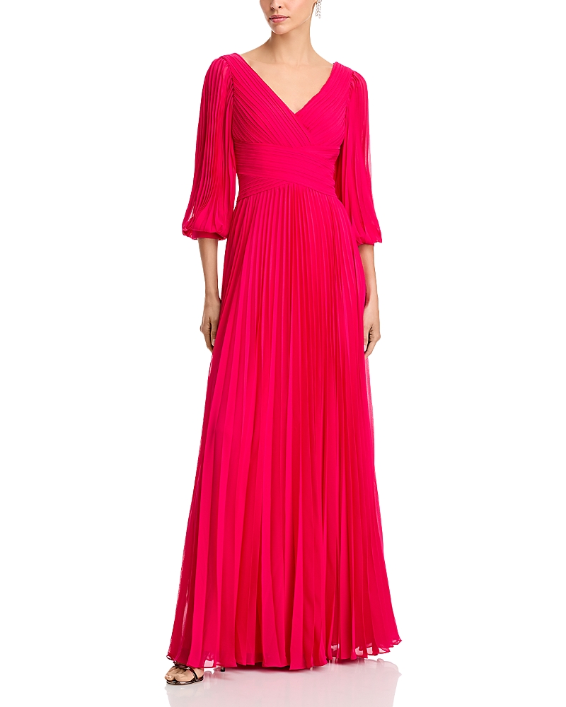 Teri Jon By Rickie Freeman Chiffon Pleated V Neck Gown In Pink
