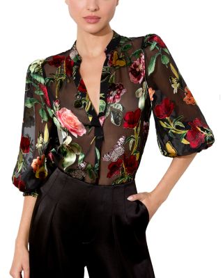 Alice and Olivia - Sheila Velvet Floral Blouson Sleeve Top