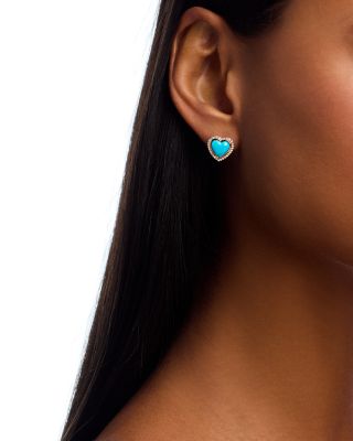 Turquoise & Diamond Heart Stud Earrings in 14K Yellow Gold