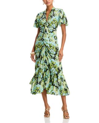 Cinq à Sept - Damask Floral Tie Neck Ruched Midi Dress