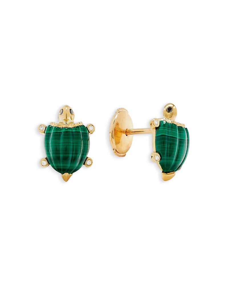Yvonne Léon 9k Yellow Gold Paire De Tortue Malachite & Multicolor Diamond Turtle Stud Earrings In Green/gold
