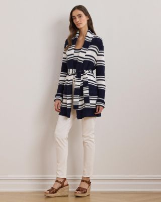 Striped Belted Cotton Blend Cardigan