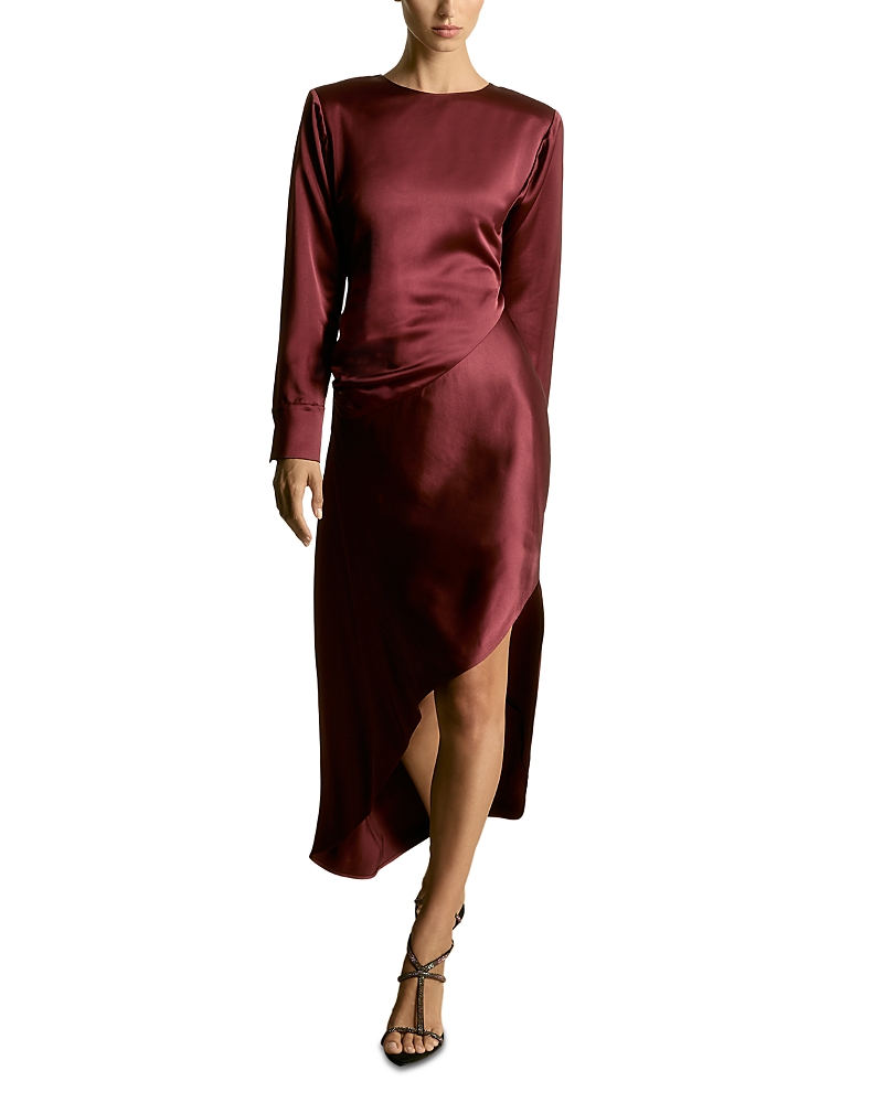 Reiss Burgundy Valli Satin Asymmetric Draped Maxi Dress In Burgundy
