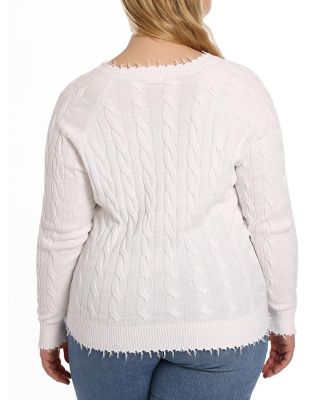 Plus size Cotton Frayed Cable Long Sleeve V Neck Sweater Top