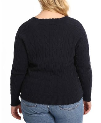 Plus size Cotton Frayed Cable Long Sleeve V Neck Sweater Top