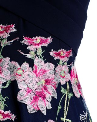 Crepe Off-the-Shoulder Embroidered Tulle Dress