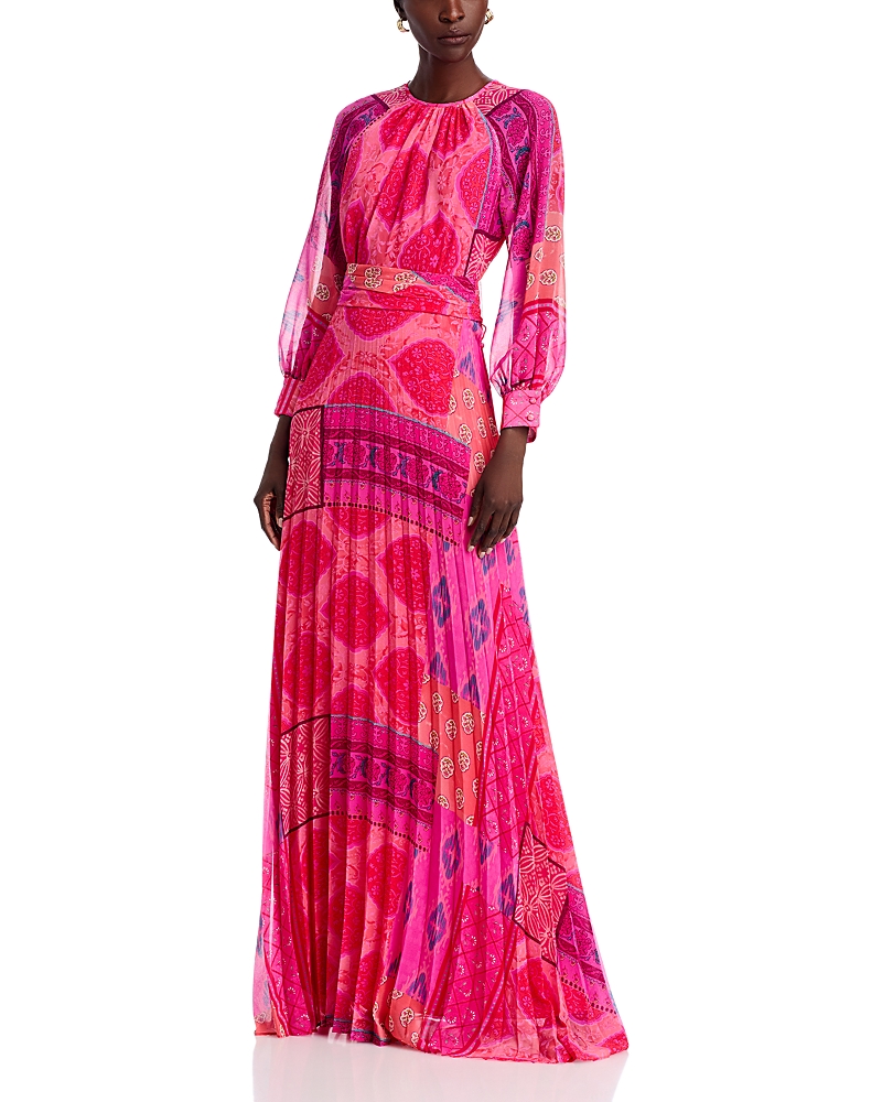Teri Jon By Rickie Freeman Pleated Maxi Dress In Fuchia Multi