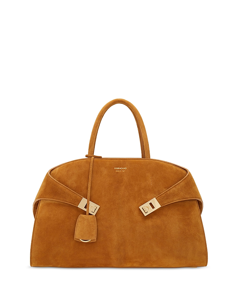Shop Ferragamo Medium Suede Hug Handbag In Naturale