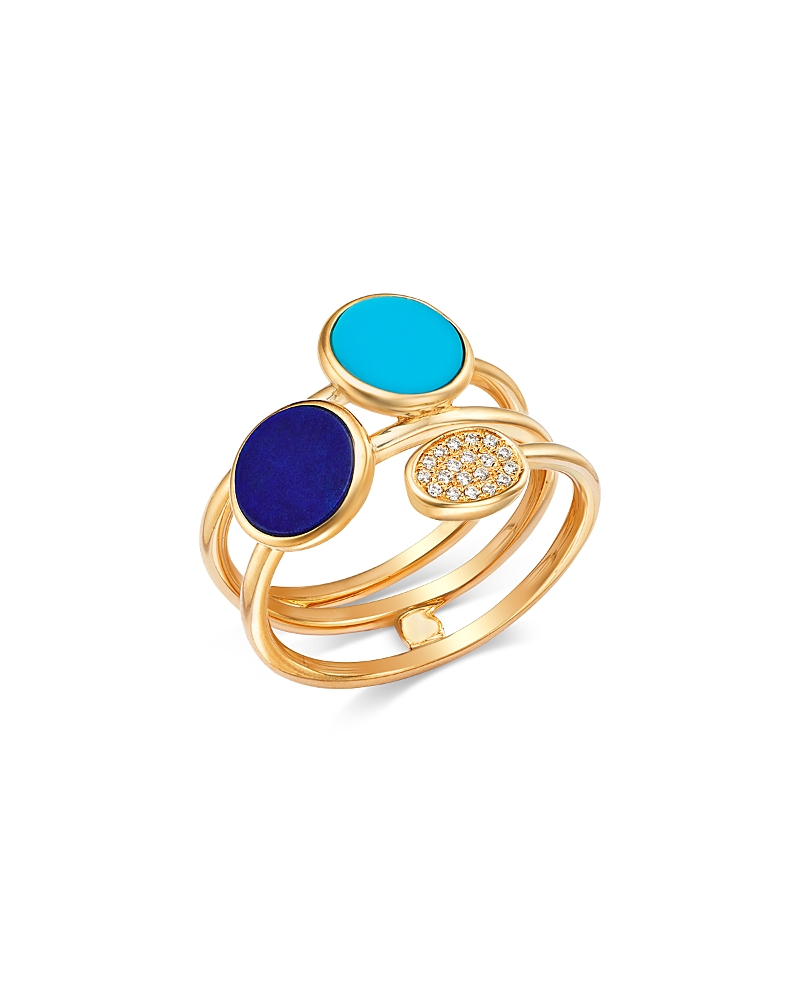 Bloomingdale's Fine Collection Lapis Lazuli, Turquoise & Diamond Multirow Ring In 14k Yellow Gold In Blue/gold