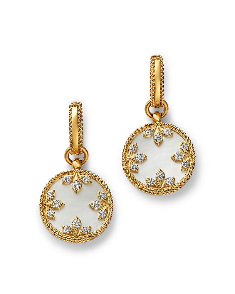 Roberto Coin 18k Yellow Gold Venetian Princess Medallion Mother Of Pearl & Diamond Dangle Hoop Earrings In White/gold