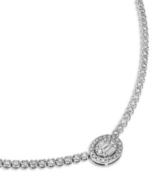 Diamond Round & Baguette Halo Tennis Necklace in 14K White Gold, 4.50 tcw