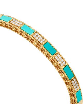 18K Gold Mosaic Diamond Pav&eacute; & Turquoise Bangle Bracelet