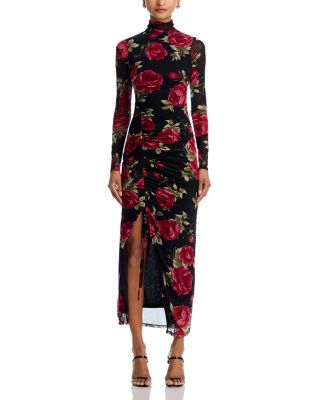 fall long sleeve dresses Floral Frill Trim Sleeve Plunge Maxi Dress