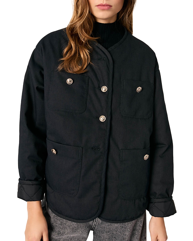 Maje Womens Multi-pocket Round-neck Woven Coat In Black
