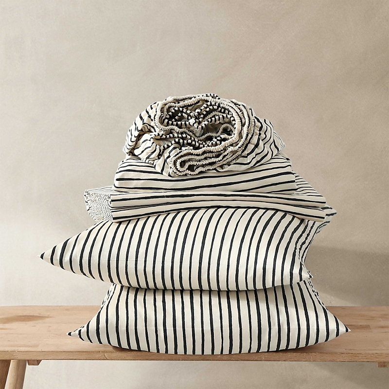 Marimekko Piccolo Stripe Cotton Sateen King Sheet Set In Off White/charcoal