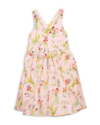 Girls' Woven Cross Back Dress in Pink Plants - Little Kid