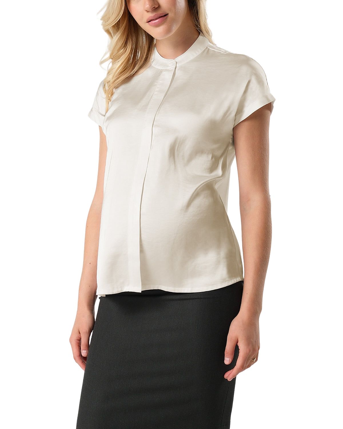 Marion Women's Short Sleeve Satin Maternity Shell Top with Concealed Nursing Zip