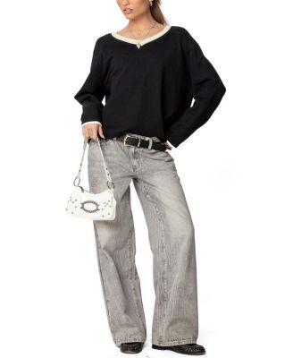 Contrast V Neck Knit Sweater