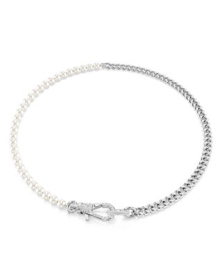 Dextera Crystal Pav&amp;eacute; &amp; Imitation Pearl Collar Necklace in Rhodium Plated, 18&amp;quot;