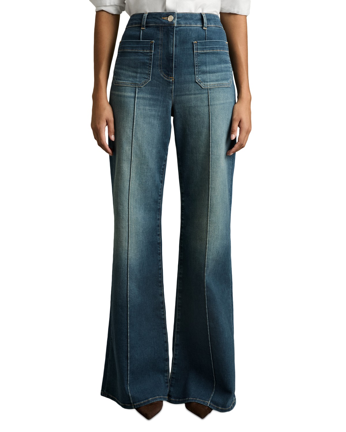 Petites Sakura Flare Patch Pocket Jeans in Mid Blue
