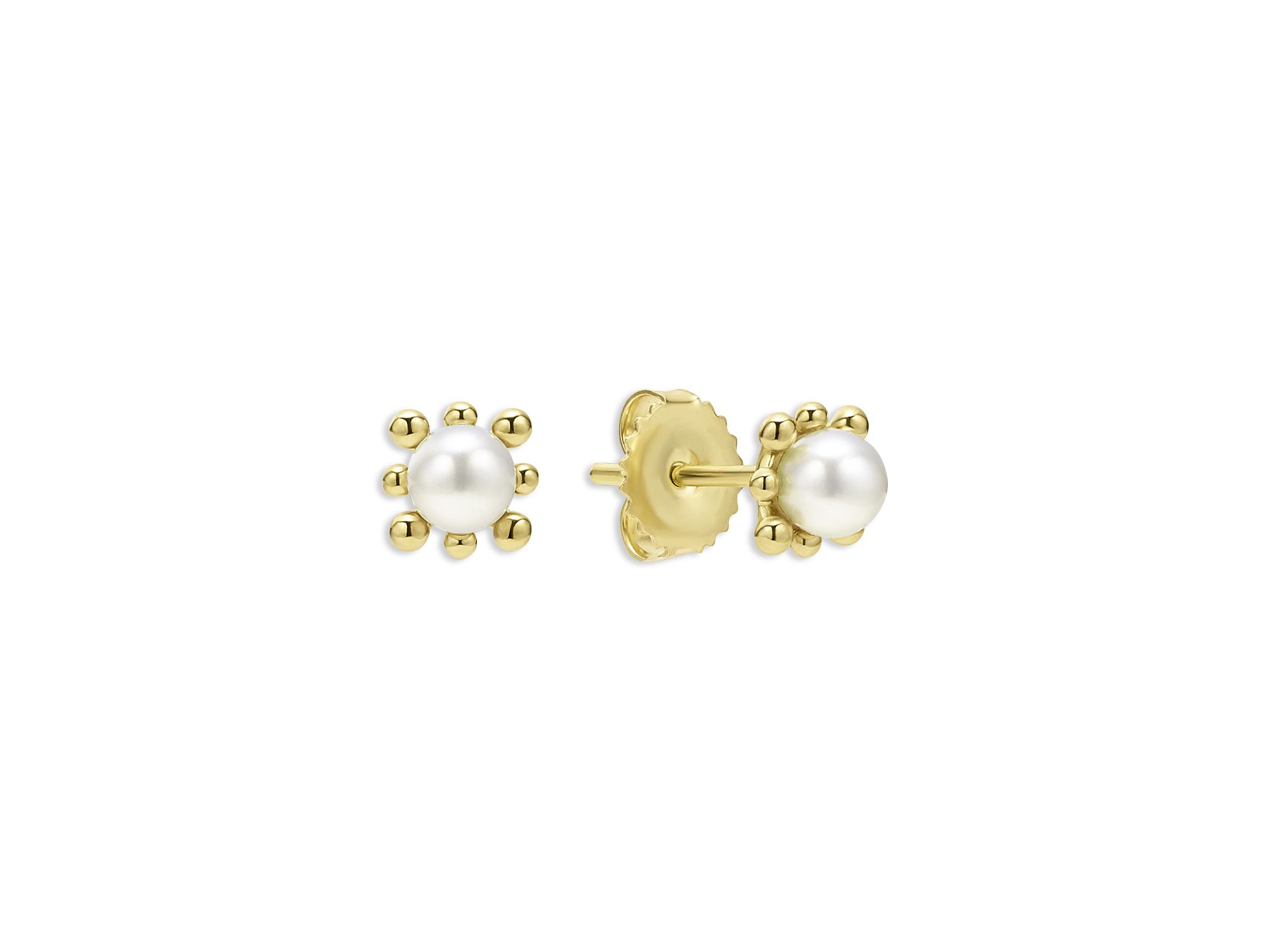 18K Yellow Luna Cultured Pearl Fleur Stud Earrings — Image 3
