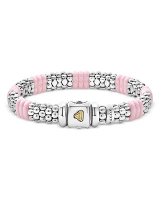 Sterling Silver Pink Caviar Ceramic Rondelle Polished Bead Bracelet