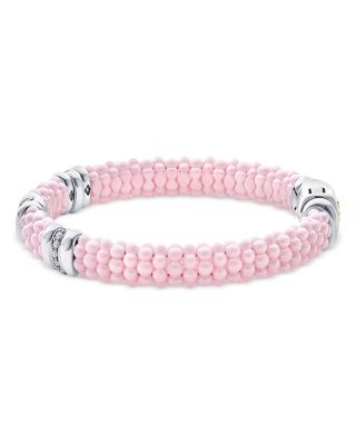 Sterling Silver Pink Caviar Diamond Station Ceramic Bead Bracelet