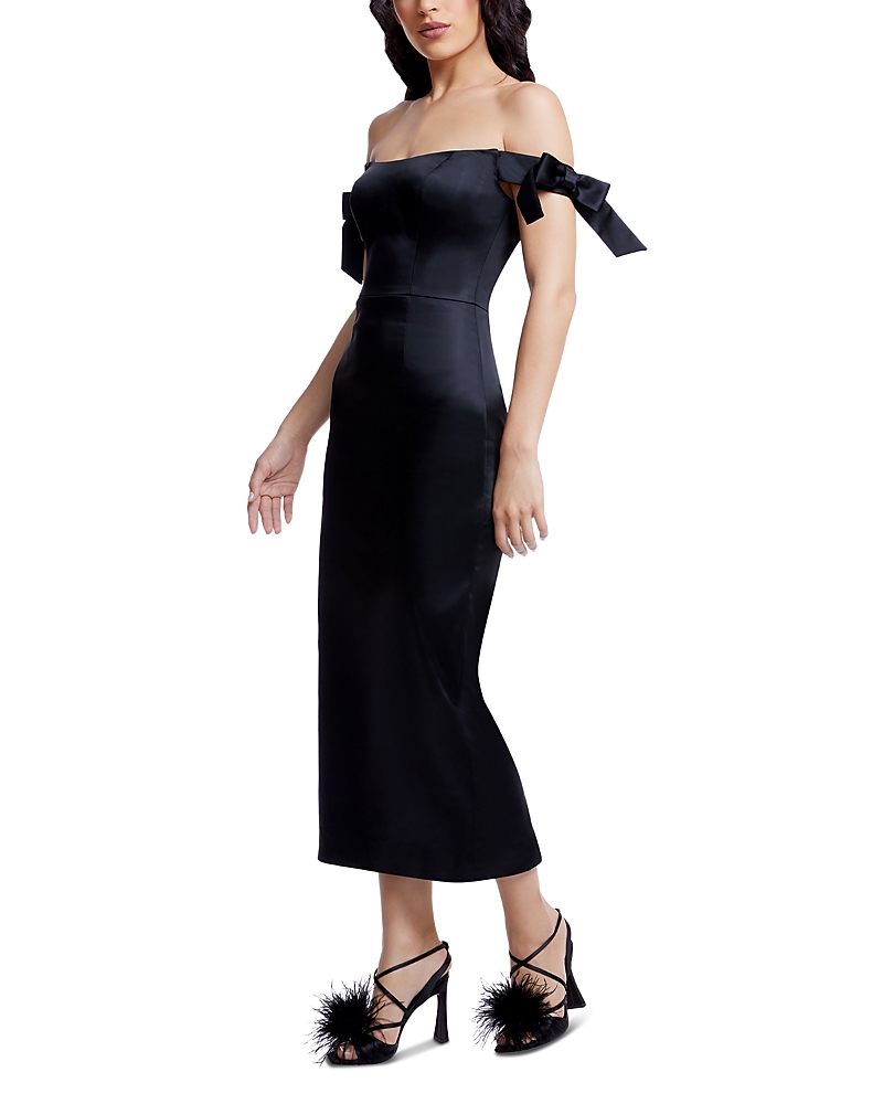 Dress The Population Verona Off The Shoulder Satin Midi Cocktail Dress In Black