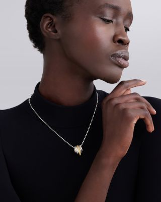 Two Tone Caviar Lux Five Ring Pendant Necklace with Diamonds, 16-18"