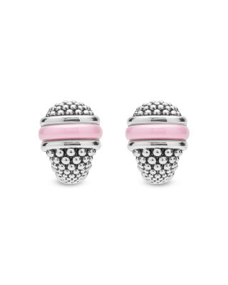 Sterling Silver Ceramic Pink Caviar Omega Clip Earrings