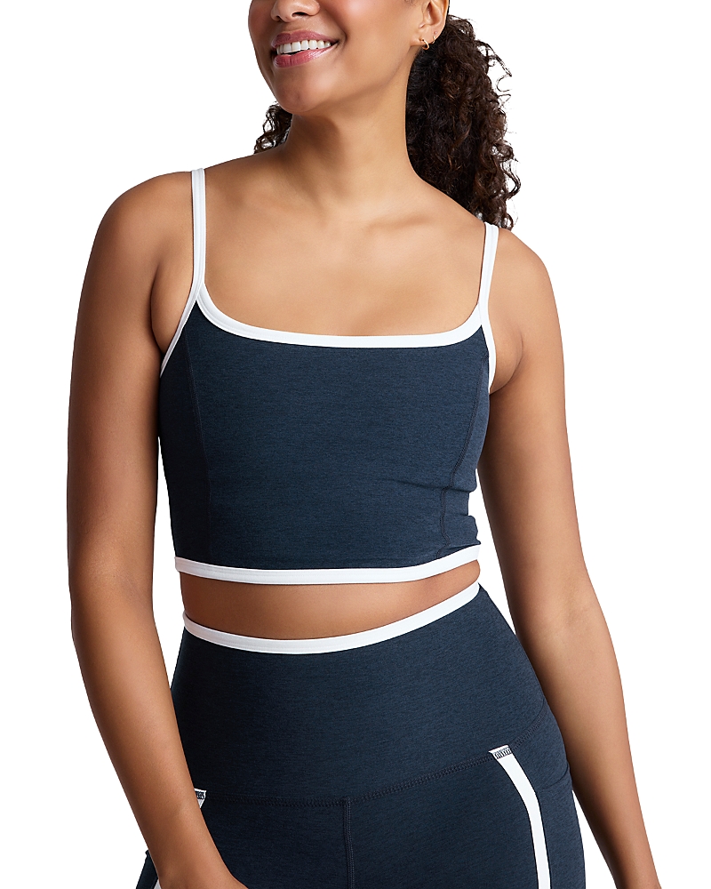 Shop Beyond Yoga Spacedye New Moves High Cropped Tank In Nocturnal Navy/white