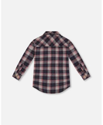  Long Sleeve Button Front Tunic Flannel Shirt Plaid Navy And Pink - Big Kid