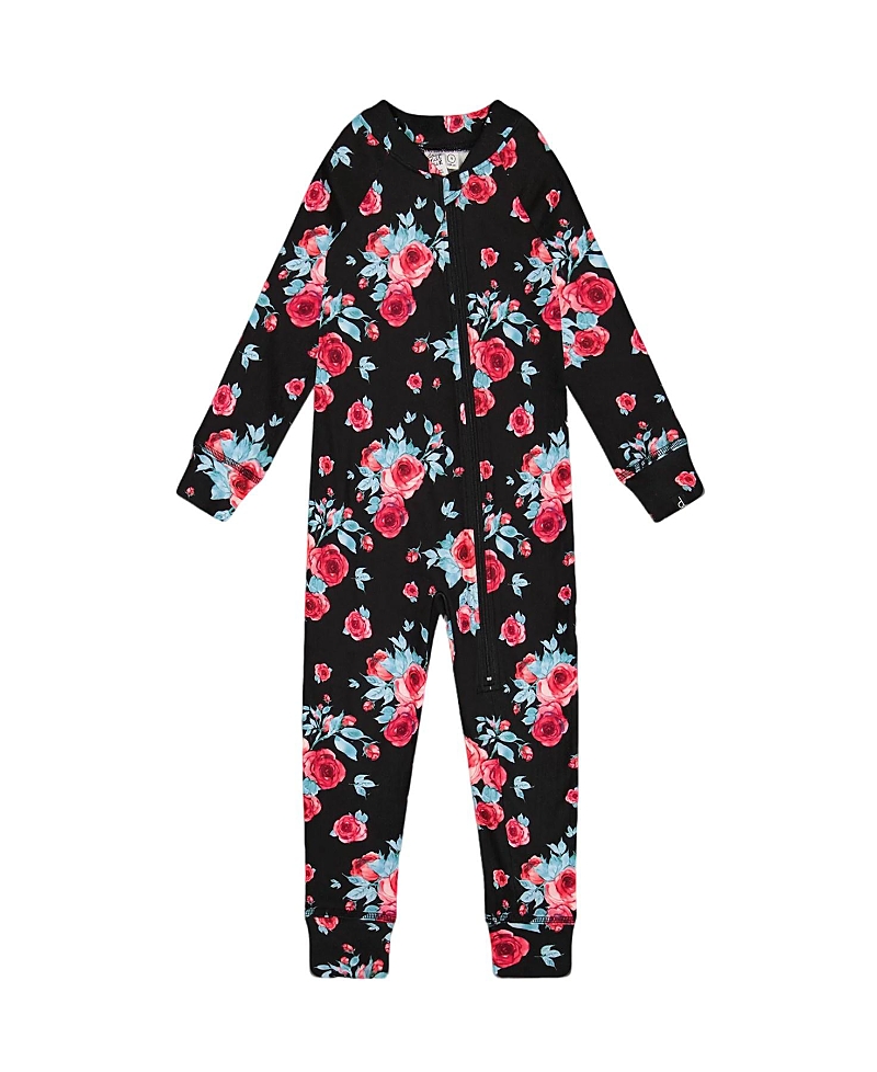 Deux Par Deux Girl's One Piece Thermal Underwear Black Printed Roses In Printed Roses