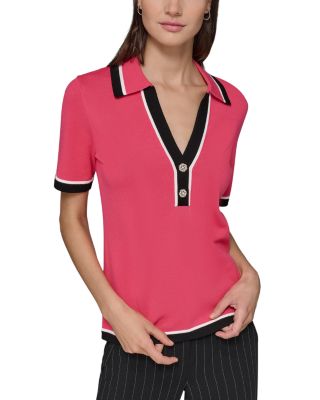 KARL LAGERFELD PARIS - Collared V-Neck Short Sleeve Sweater