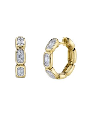 Shy Creation 14K Yellow Gold Aleera Diamond Round & Baguette Octagon Cluster Huggie Hoop Earrings