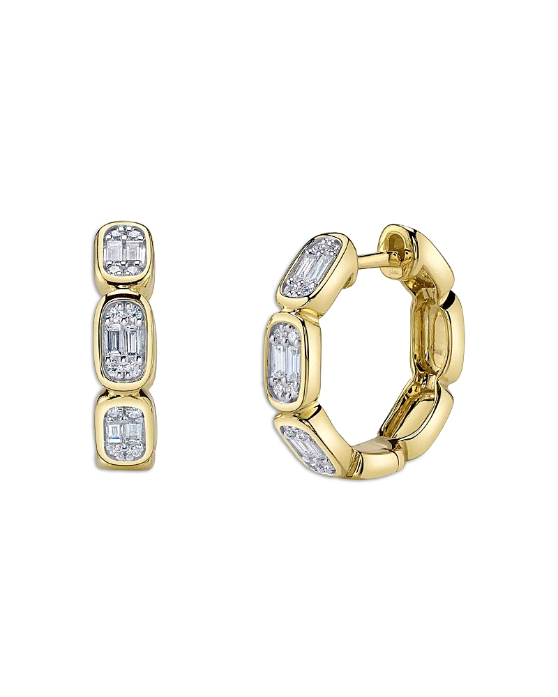 Shy Creation 14k Yellow Gold Aleera Diamond Round & Baguette Octagon Cluster Huggie Hoop Earrings In Gold
