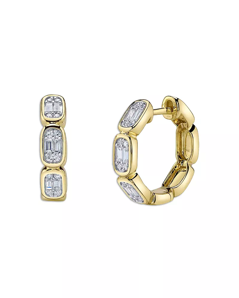 Shy Creation 14K Yellow Gold Aleera Diamond Round & Baguette Octagon Cluster Huggie Hoop Earrings